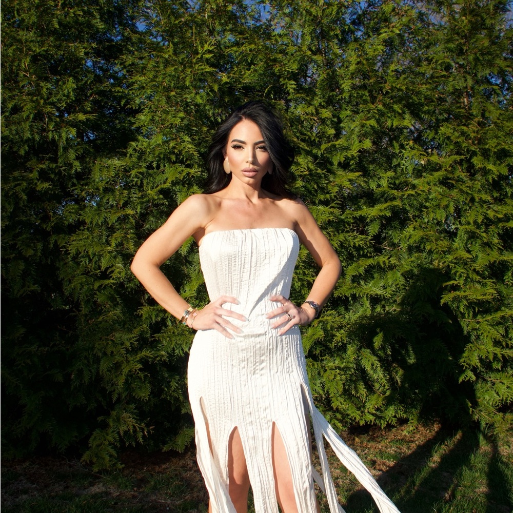 naked wardrobe Ivory Strapless Fringe Maxi Dress
